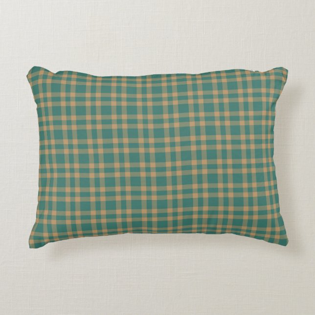 Teal Brown Plaid Pattern Decorative Cushion (Front)