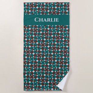 Teal & Brown Retro '70s Motifs Personalised Beach Towel