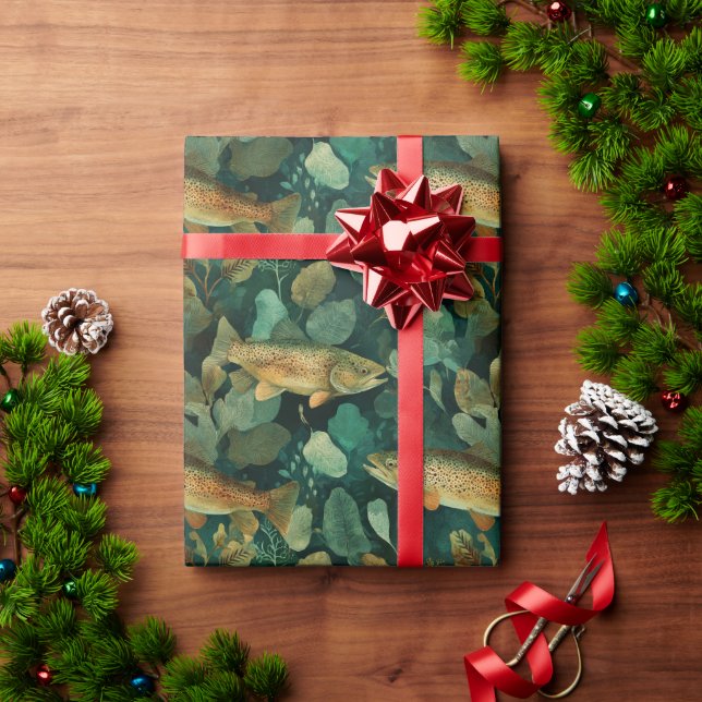 Teal Brown Trout Underwater Botanical Wrapping Paper (Holiday Gift)