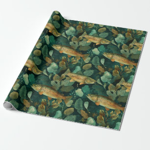 Teal Brown Trout Underwater Botanical Wrapping Paper