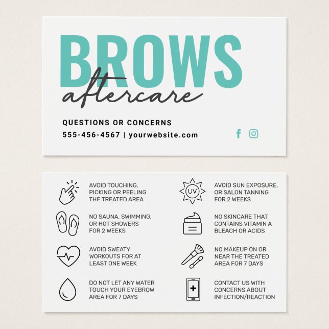 Teal  Brows Aftercare PMU Brow Instructions Card (Front & Back)