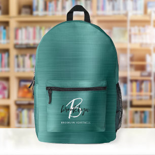 Teal Brushed Metal Black White Monogram Name Printed Backpack