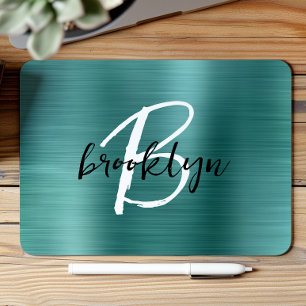 Teal Brushed Metal Black White Script Monogram  Mouse Pad