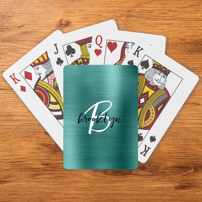 Teal Brushed Metal Black White Script Monogram  Playing Cards (Creator Uploaded)
