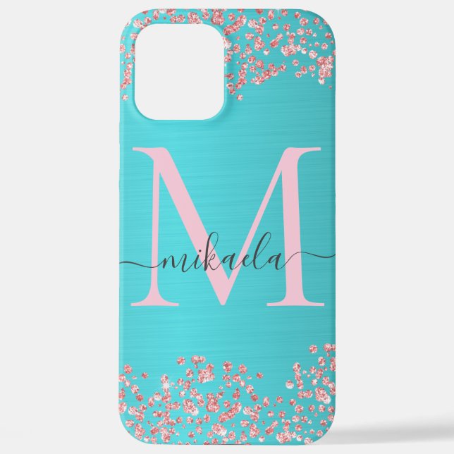 Teal Brushed Metal Rose Gold Glitter Monogram iPhone Case (Back)