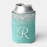 Teal Brushed Metal Silver Glitter Monogram Name