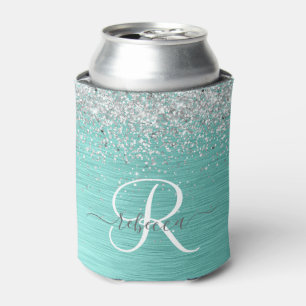 Teal Brushed Metal Silver Glitter Monogram Name Can Cooler