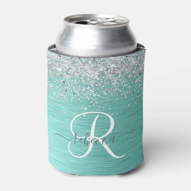 Teal Brushed Metal Silver Glitter Monogram Name Can Cooler (Can Front)