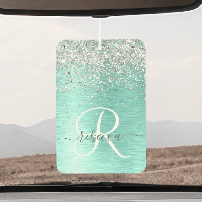 Teal Brushed Metal Silver Glitter Monogram Name Car Air Freshener (Creator Uploaded)