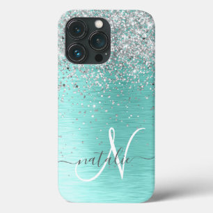 Teal Brushed Metal Silver Glitter Monogram Name iPhone 13 Pro Case