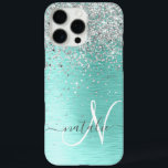 Teal Brushed Metal Silver Glitter Monogram Name iPhone 16 Pro Max Case<br><div class="desc">Easily personalise this trendy chic phone case design featuring pretty silver sparkling glitter on a teal brushed metallic background.</div>