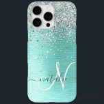 Teal Brushed Metal Silver Glitter Monogram Name iPhone 16 Pro Max Case<br><div class="desc">Easily personalise this trendy chic phone case design featuring pretty silver sparkling glitter on a teal brushed metallic background.</div>
