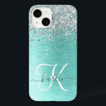 Teal Brushed Metal Silver Glitter Monogram Name Case-Mate iPhone 14 Case<br><div class="desc">Easily personalise this trendy chic phone case design featuring pretty silver sparkling glitter on a teal brushed metallic background.</div>