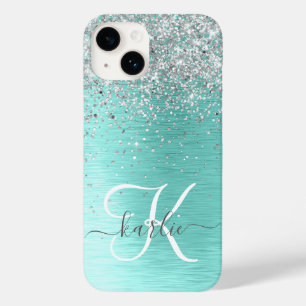 Teal Brushed Metal Silver Glitter Monogram Name Case-Mate iPhone 14 Case