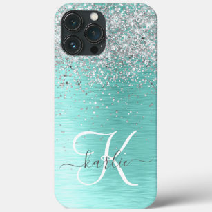 Teal Brushed Metal Silver Glitter Monogram Name iPhone 13 Pro Max Case