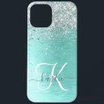 Teal Brushed Metal Silver Glitter Monogram Name iPhone 12 Pro Max Case<br><div class="desc">Easily personalise this trendy chic phone case design featuring pretty silver sparkling glitter on a teal brushed metallic background.</div>
