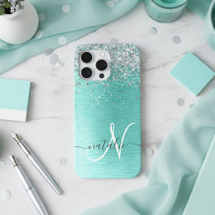 Teal Brushed Metal Silver Glitter Monogram Name iPhone 15 Pro Max Case