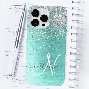 Teal Brushed Metal Silver Glitter Monogram Name Case-Mate iPhone 14 Pro Max Case
