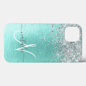 Teal Brushed Metal Silver Glitter Monogram Name Case-Mate iPhone Case (Back (Horizontal))