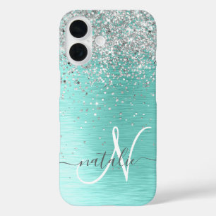Teal Brushed Metal Silver Glitter Monogram Name iPhone 16 Case