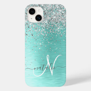 Teal Brushed Metal Silver Glitter Monogram Name Case-Mate iPhone 14 Plus Case