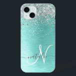 Teal Brushed Metal Silver Glitter Monogram Name iPhone 15 Mini Case<br><div class="desc">Easily personalise this trendy chic phone case design featuring pretty silver sparkling glitter on a teal brushed metallic background.</div>