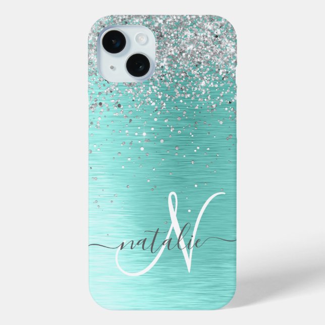 Teal Brushed Metal Silver Glitter Monogram Name Case-Mate iPhone Case (Back)
