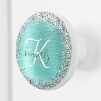 Teal Brushed Metal Silver Glitter Monogram Name Ceramic Knob