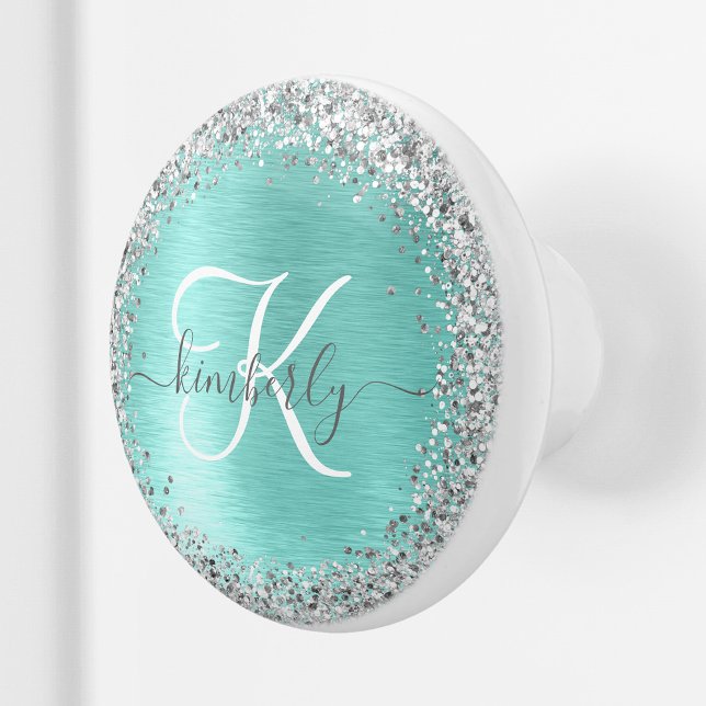Teal Brushed Metal Silver Glitter Monogram Name Ceramic Knob (Creator Uploaded)