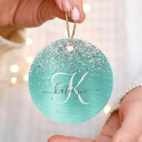 Teal Brushed Metal Silver Glitter Monogram Name