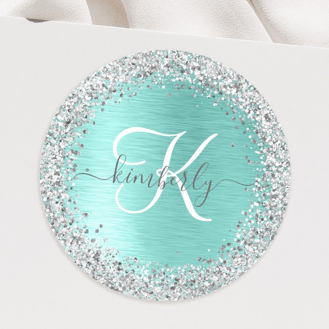 Teal Brushed Metal Silver Glitter Monogram Name Classic Round Sticker (Creator Uploaded)