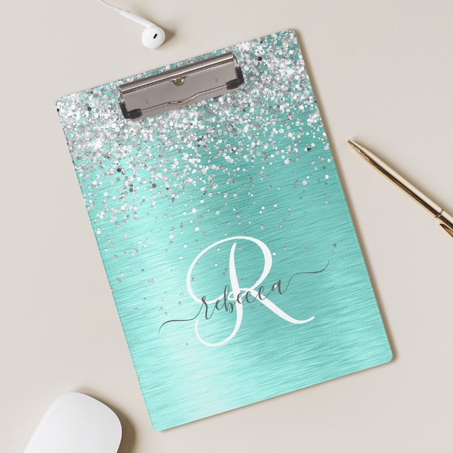 Teal Brushed Metal Silver Glitter Monogram Name Clipboard (Creator Uploaded)