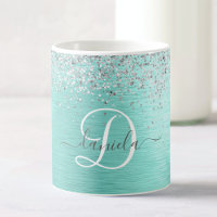 Teal Brushed Metal Silver Glitter Monogram Name