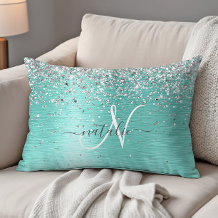Teal Brushed Metal Silver Glitter Monogram Name Decorative Cushion