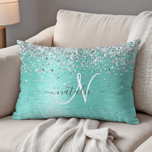 Teal Brushed Metal Silver Glitter Monogram Name Decorative Cushion (Creator Uploaded)