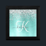 Teal Brushed Metal Silver Glitter Monogram Name Gift Box<br><div class="desc">Easily personalise this trendy gift box design featuring pretty silver sparkling glitter on a silver brushed metallic background.</div>