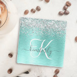 Teal Brushed Metal Silver Glitter Monogram Name Glass Coaster<br><div class="desc">Easily personalise this trendy chic glass coaster design featuring pretty silver sparkling glitter on a teal brushed metallic background.</div>