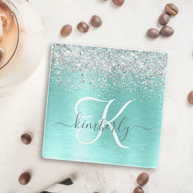 Teal Brushed Metal Silver Glitter Monogram Name Glass Coaster (Creator Uploaded)