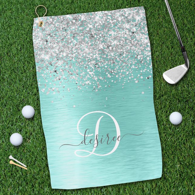 Teal Brushed Metal Silver Glitter Monogram Name Golf Towel (Creator Uploaded)
