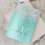 Teal Brushed Metal Silver Glitter Monogram Name iPad Mini Cover<br><div class="desc">Easily personalise this trendy chic ipad cover design featuring pretty silver sparkling glitter on a teal brushed metallic background.</div>