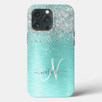 Teal Brushed Metal Silver Glitter Monogram Name