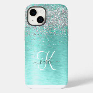 Teal Brushed Metal Silver Glitter Monogram Name iPhone 14 Case