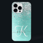 Teal Brushed Metal Silver Glitter Monogram Name iPhone 14 Pro Max Case<br><div class="desc">Easily personalize this trendy chic phone case design featuring pretty silver sparkling glitter on a teal brushed metallic background.</div>
