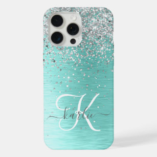 Teal Brushed Metal Silver Glitter Monogram Name iPhone 15 Pro Max Case