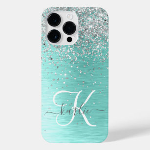 Teal Brushed Metal Silver Glitter Monogram Name iPhone 14 Pro Max Case