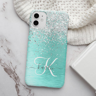 Teal Brushed Metal Silver Glitter Monogram Name iPhone 13 Pro Max Case