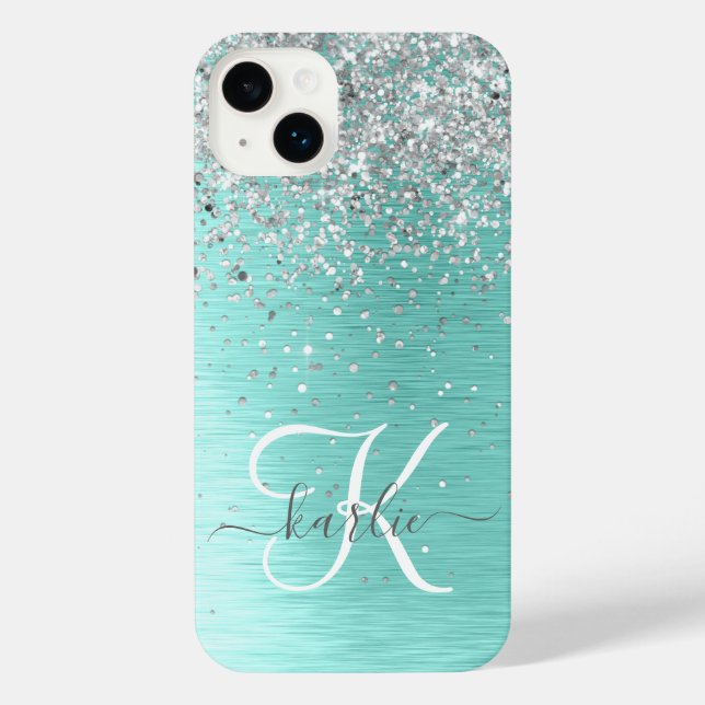 Teal Brushed Metal Silver Glitter Monogram Name iPhone Case (Back)