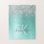 Teal Brushed Metal Silver Glitter Monogram Name Jigsaw Puzzle<br><div class="desc">Easily personalise this trendy chic puzzle design featuring pretty silver sparkling glitter on a teal brushed metallic background.</div>