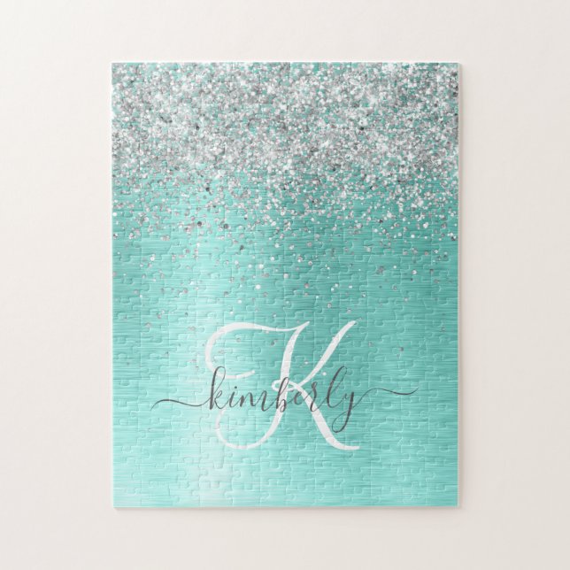 Teal Brushed Metal Silver Glitter Monogram Name Jigsaw Puzzle (Vertical)