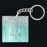 Teal Brushed Metal Silver Glitter Monogram Name Key Ring<br><div class="desc">Easily personalise this trendy chic keychain design featuring pretty silver sparkling glitter on a teal brushed metallic background.</div>